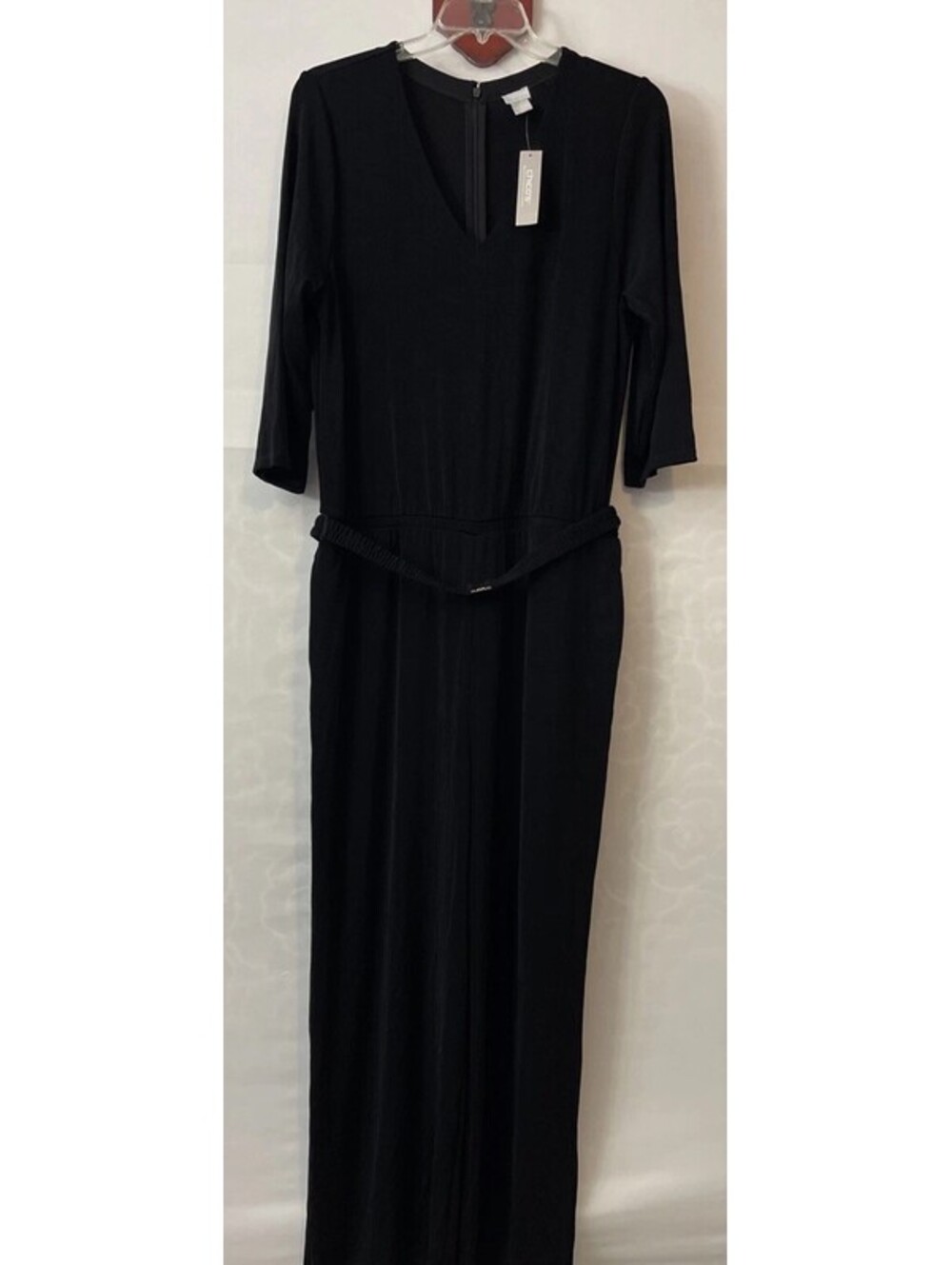 Chicos Travelers Womens 3 Vneck Stretchy Belted Black Pant Jumpsuit NWT! M1184